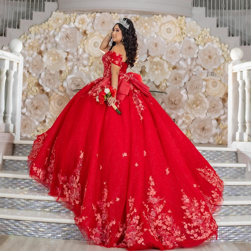 Red Quinceanera Dress Off The Shoulder Lace Applique Beading Tull Mexican Sweet 16 Birthday Party Dress Vestidos De XV 15 Anos