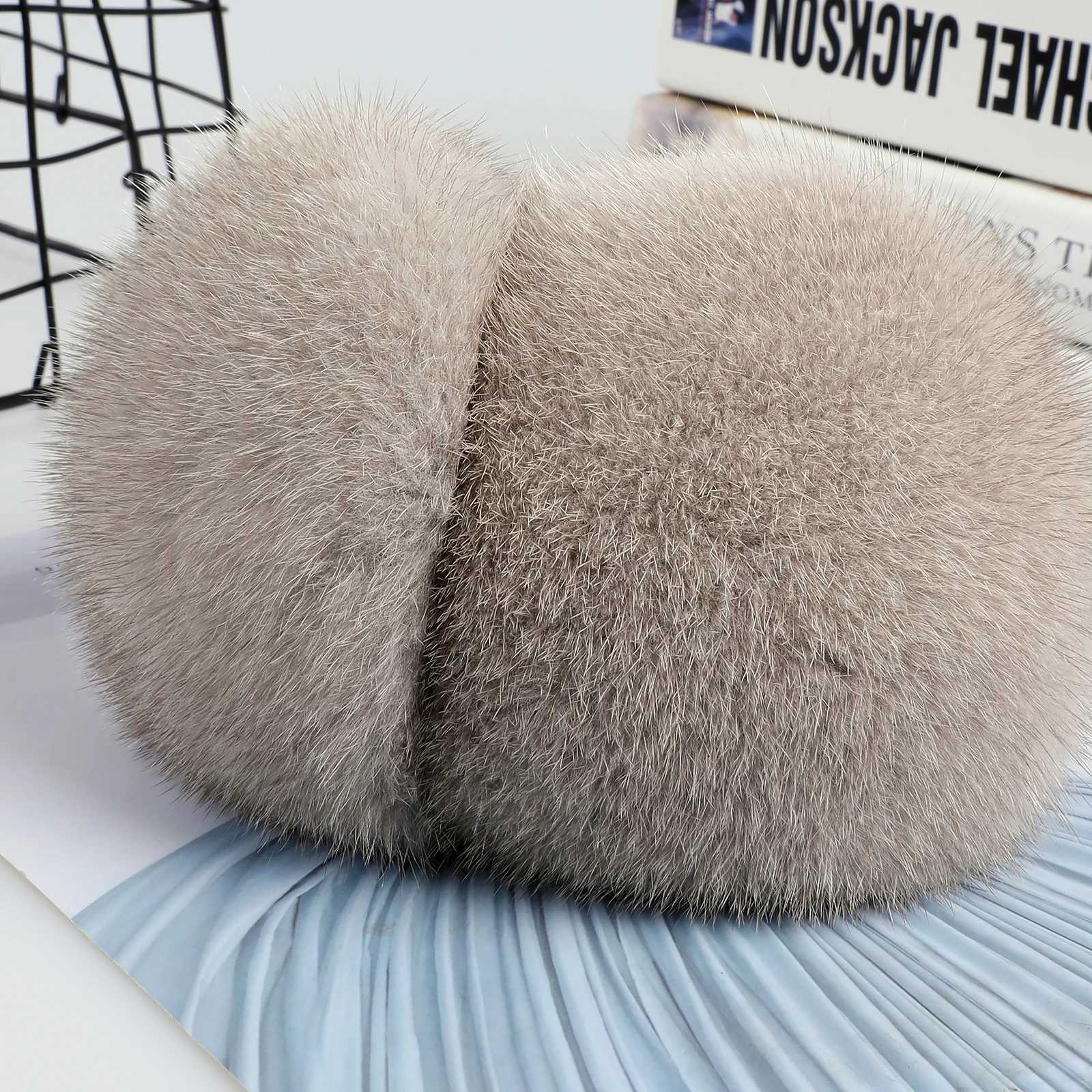 Luxury winter fashion unisex leather mink earmuffs with velvet straps womens foldable earmuffs ear warmers genuine fur earmuffs W241126