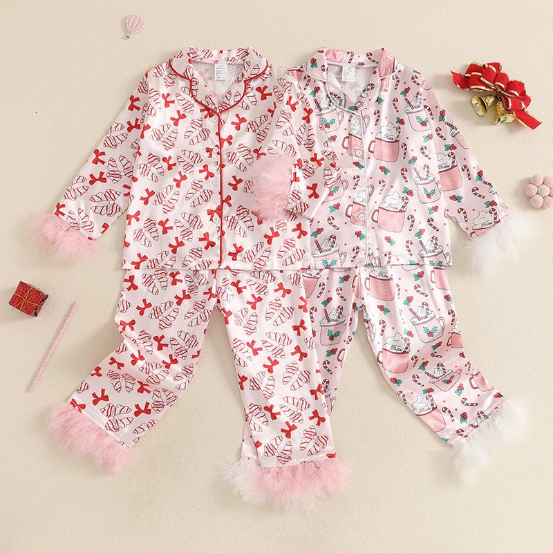 Satin Christmas Pajamas for Girls Cup Milk Christmas Silk Pajamas 2PC Button-Up Pjs Feather Sleeve Kids Xmas Pajamas Set 241126