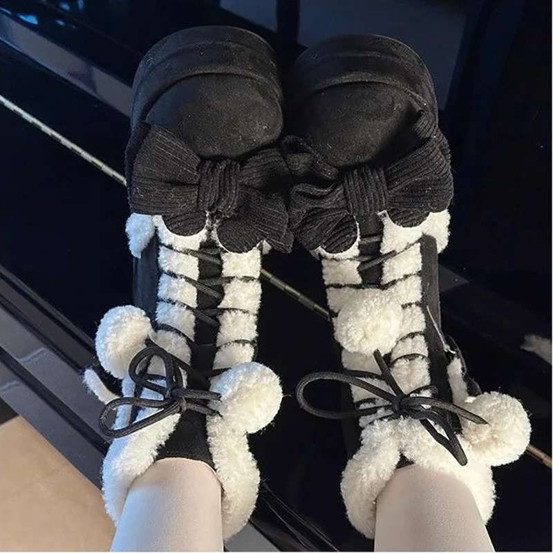 Cute winter girl Lolita mid calf snow boots cute female student plush warm bow lace wedge high heels 241126bj