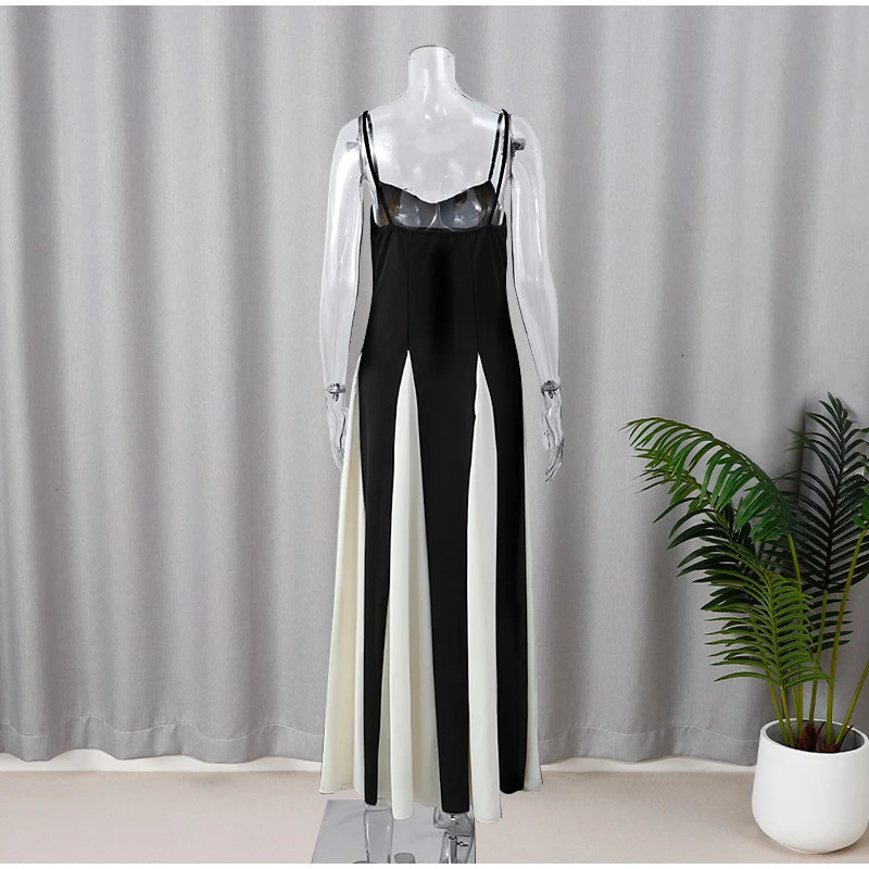 Elegant Black White Contrasting Women Sling Dress Fashion Backless Sleeveless High Waist Maxi Dresses Female Party Aline Robes 241112
