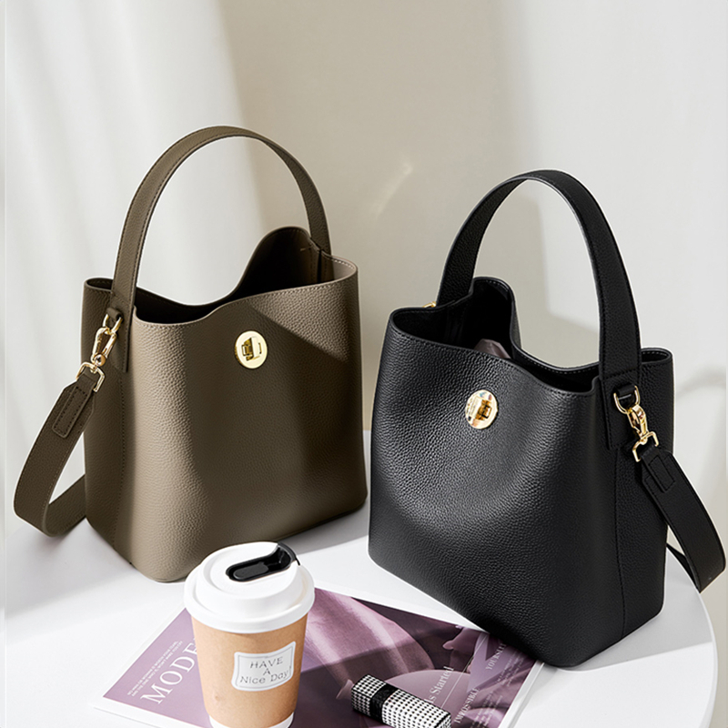 Toptrends Cowhide Genuine Leather Bucket Small Shoulder Bags For Women New 2024 Designer Crossbody Purses Ladies Handbags