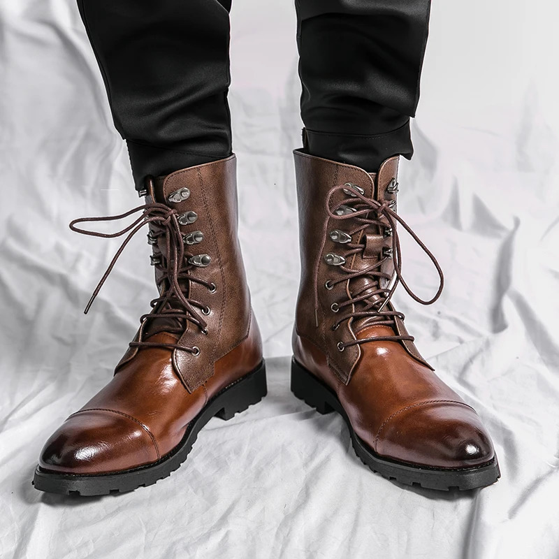 Men Lace Up High-top Boots Fashionable Outdoor Black Combat Boots 241114