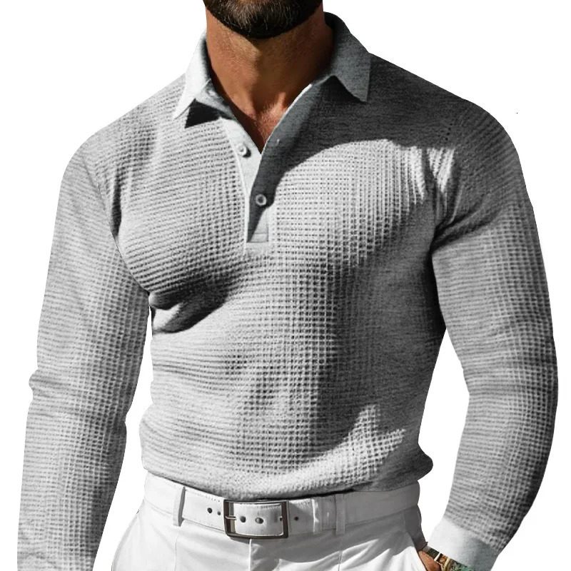 Autumn mens casual long sleeved polo shirt fashionable solid color slim fit collar button waffle golf latte holiday casual T-shirt 241121