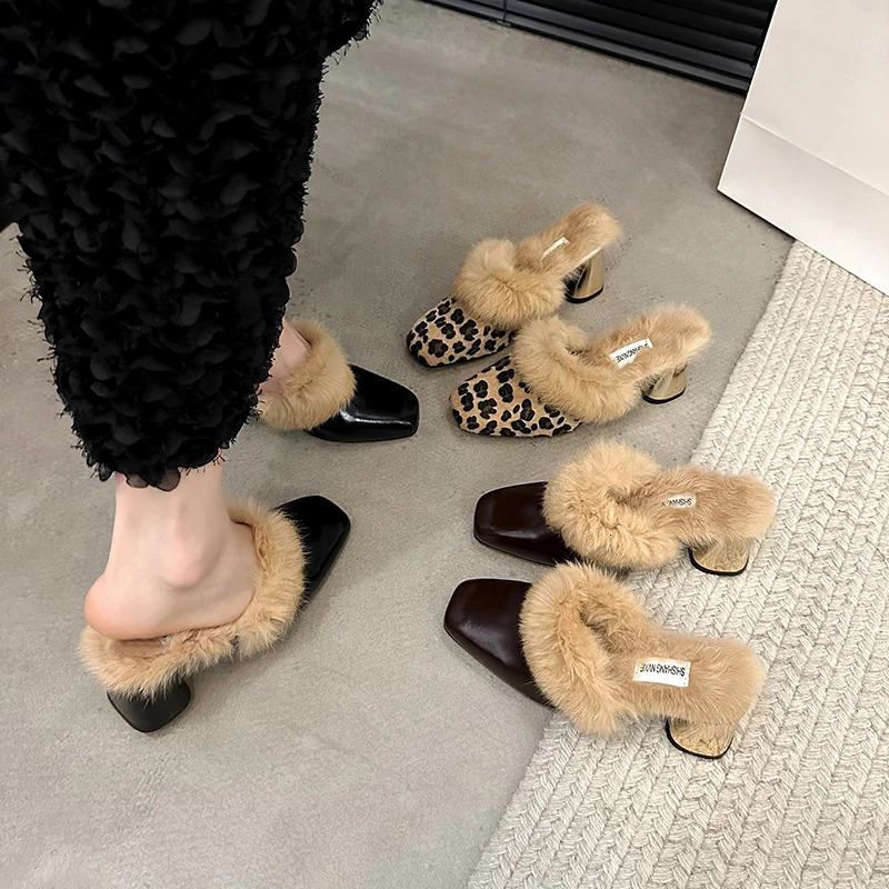 Winter Women Fur Mules Slippers Fashion Thick Heel Slides Ladies Outdoor Warm Cotton Shoes 241126
