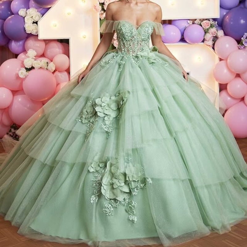 Green Mint Shiny Dresses Princess Sweet Years Birthday Party Lace Appliques Wer Tull Tiered Vestidos De Quinceanera Anos