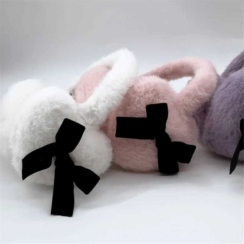 Women Solid Color With Black Bow Fluffy Cute Heart shed Ear Warmer Earmuffs ldeal For WinterXJ241126