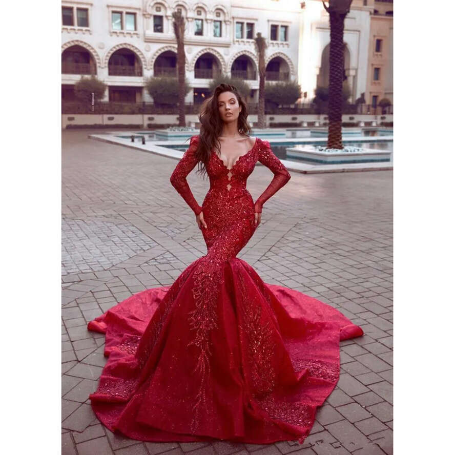 Mermaid Prom Red High Side Split Evening Dress Sexy Long Sleeve Open Back Off Shoulder Appliqued Formal Party Gowns