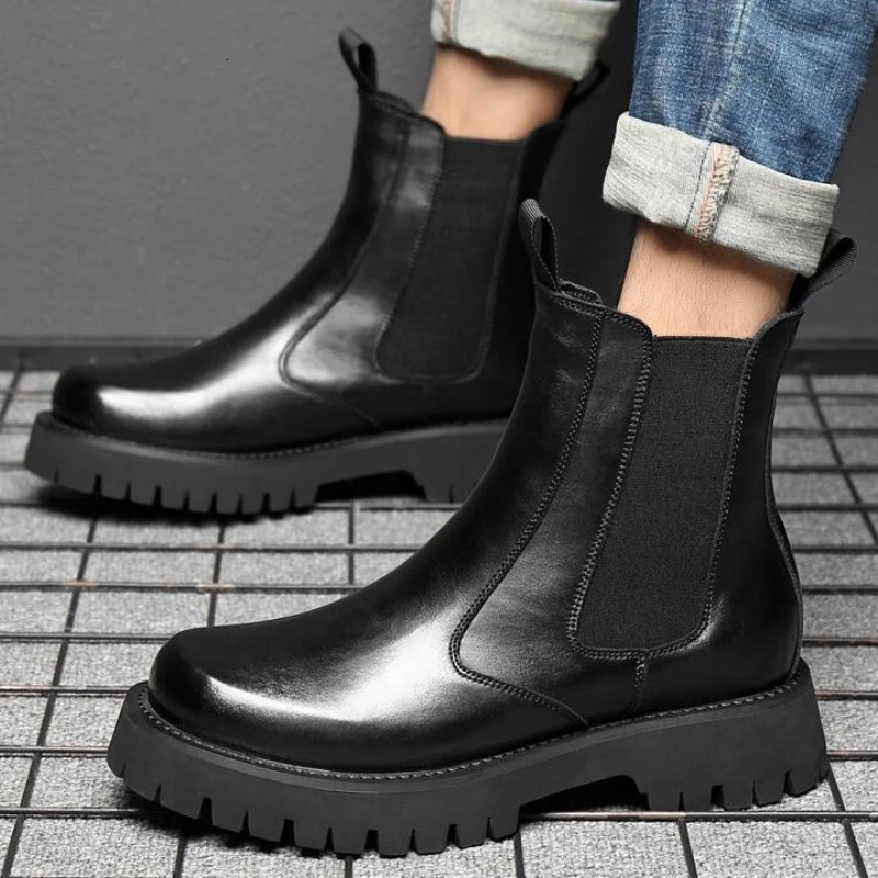Winter Men Chelsea Rubber Boot Invisible Heel Men Lifted Boots Men Leather Platform Boots Height Increasing 241114