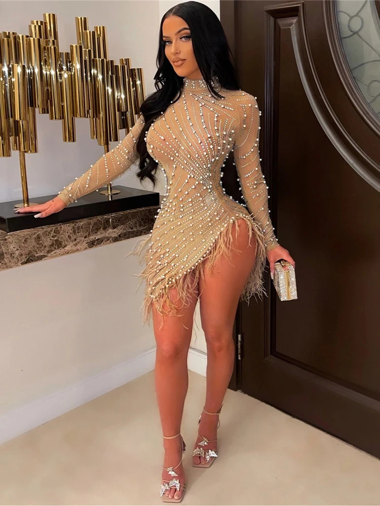 iDress Sexy Pearls Rhinestone Party Dresses Women Elegant Nightclub Feather Birthday Dress Long Sleeve Mesh Sheer Bodycon 241112