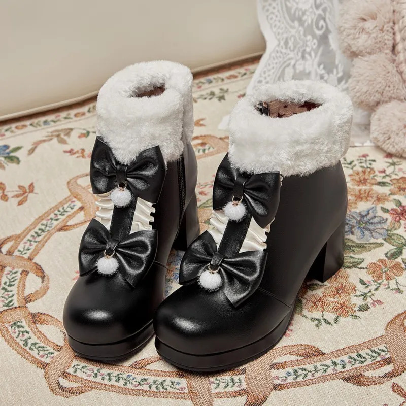 Winter Warm Wool Fur Decoration Sweet Lolita Shoes Womens Ankle Boots Role Playing Kawaii Princess Platform Girl Botas Plus Size 43 241126