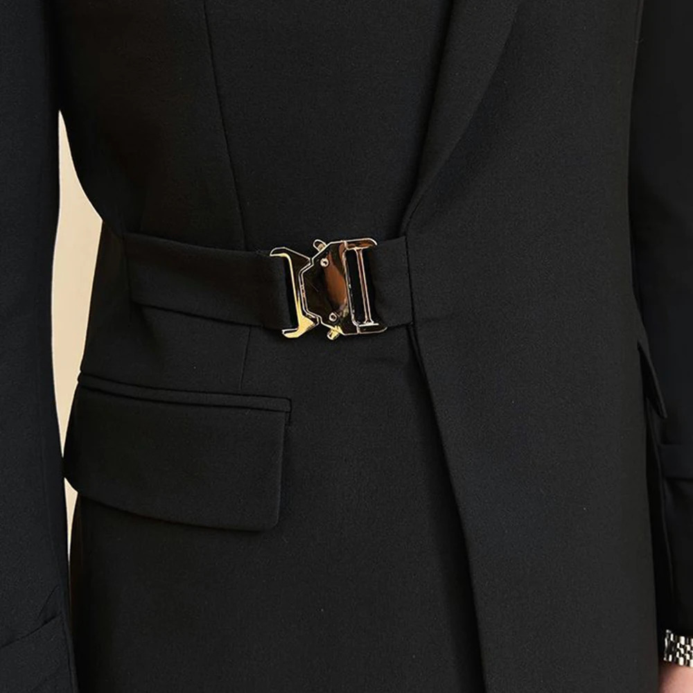 British style black suit jacket mens elegant gentleman business casual professional formal dress belt double chest 241126