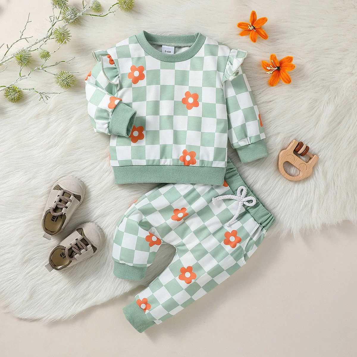 Clothing Sets Baby Girls Autumn Print Flower Long Sleeve Sweatshirts +Long Pants With Bow Outfits H241126