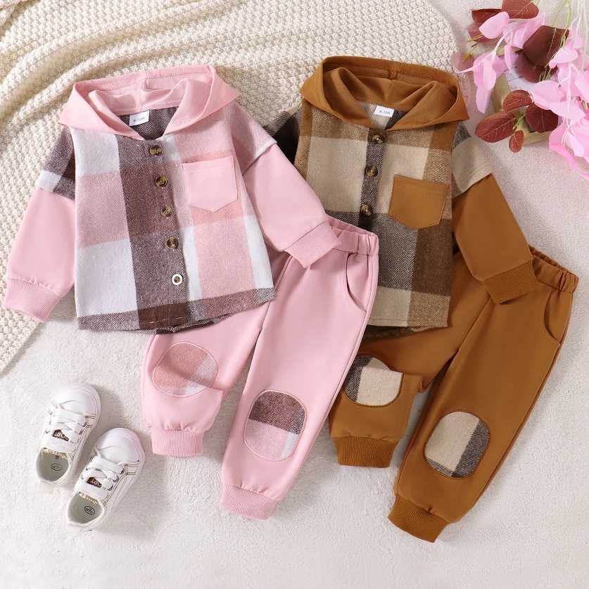 Clothing Sets Little Boy Girl Autumn Pants Sets Contrast Color Plaid Long Sleeve Hooded Jackets TopsTrousers Outfits Kids Streetwear H241126