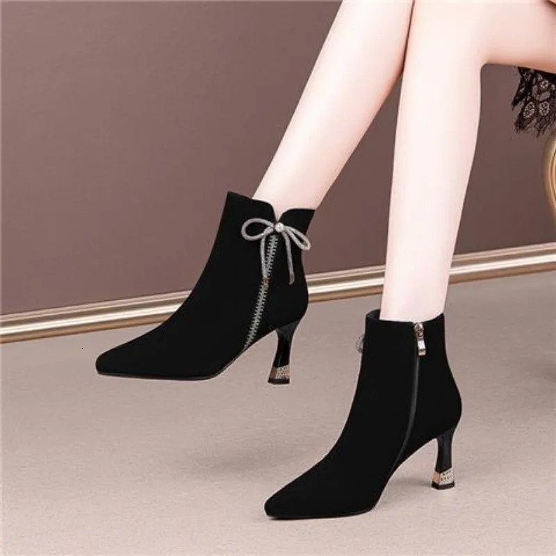 2024 Shoes for Women Zipper Winter Womens Boots Pointed Toe Flock Plush Butterfly-knot Sequins High Heels Fashion Boots 241126