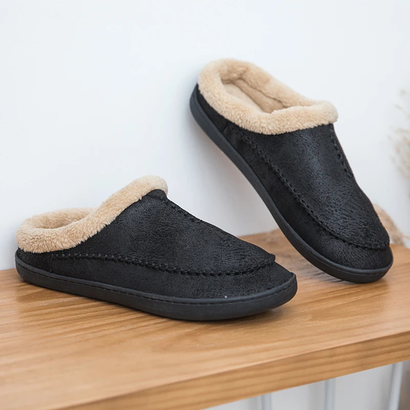 Mens Slippers Home Winter Indoor Plush Warm Shoes Thick Bottom Plush Waterproof Leather House Slippers Man Suede Cotton Shoes 241126