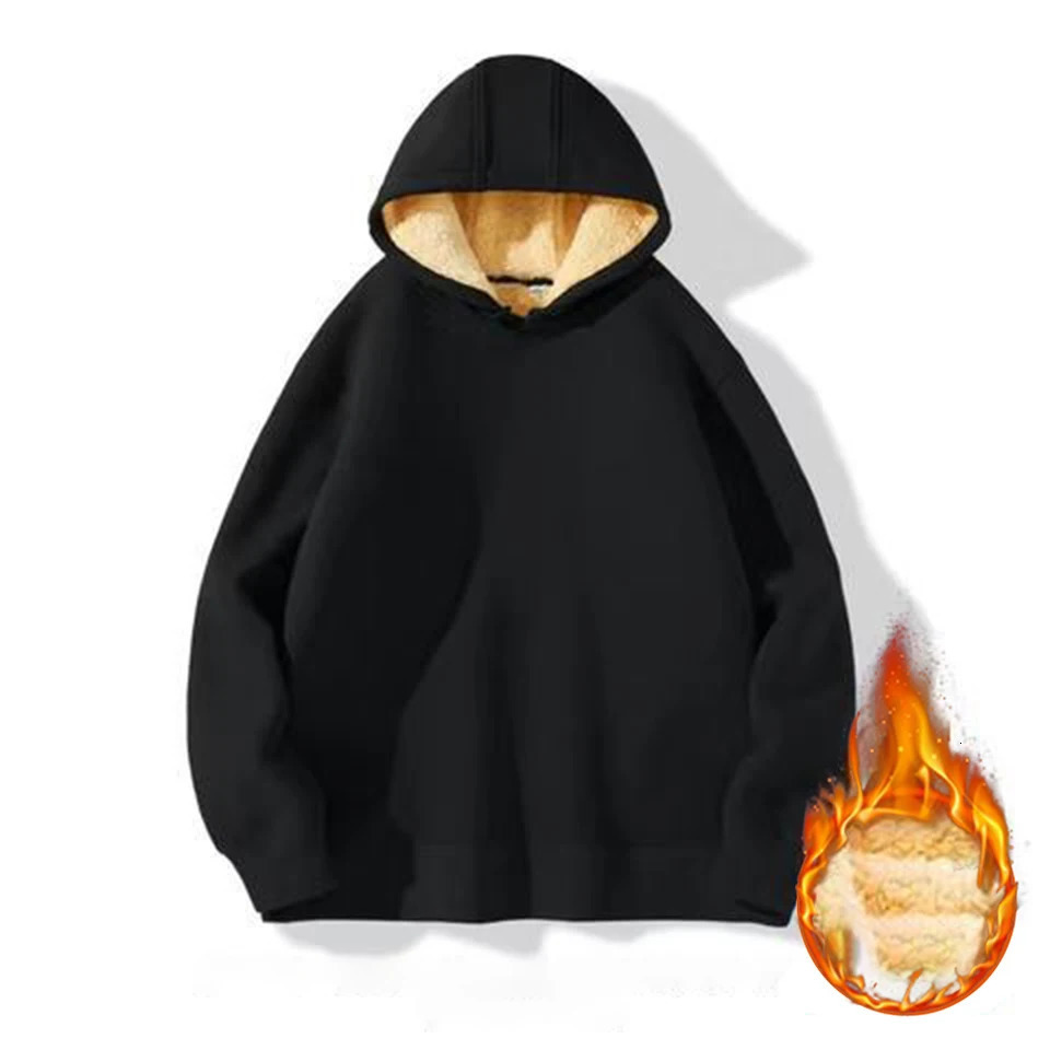 Mens high-quality wool lined hooded sweatshirt long sleeved solid color winter warm hooded sweatshirt mens top 241120