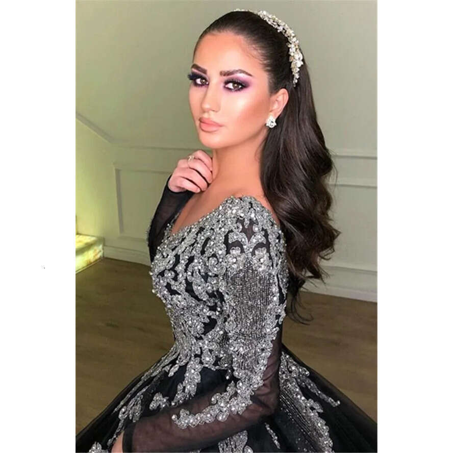 Arabic Black Sheer Evening Dresses Long Sleeve Beaded Stones Formal Party Gowns