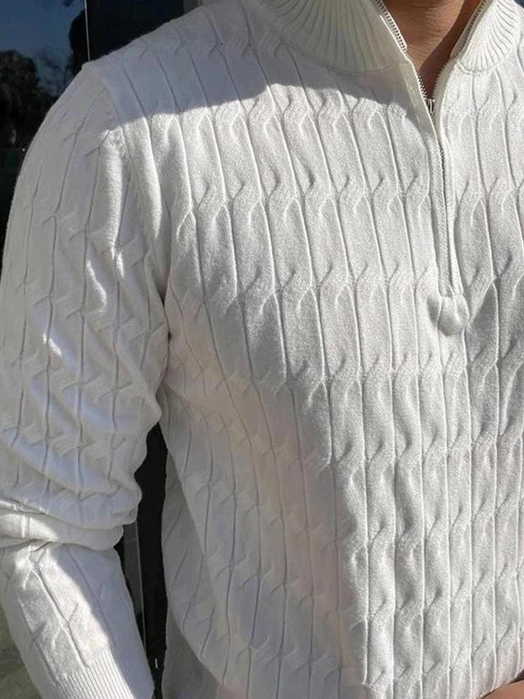 Twill jacquard knitted polo shirt mens long sleeved lapel zipper slim fit sweater mens casual solid color texture sweater top 241126