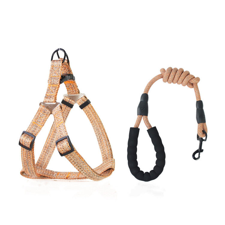Waterproof Soft 2 In 1 Flax Webbing Leashes Set Reflective Pet Leashes Rope Leash Collar Harness Set