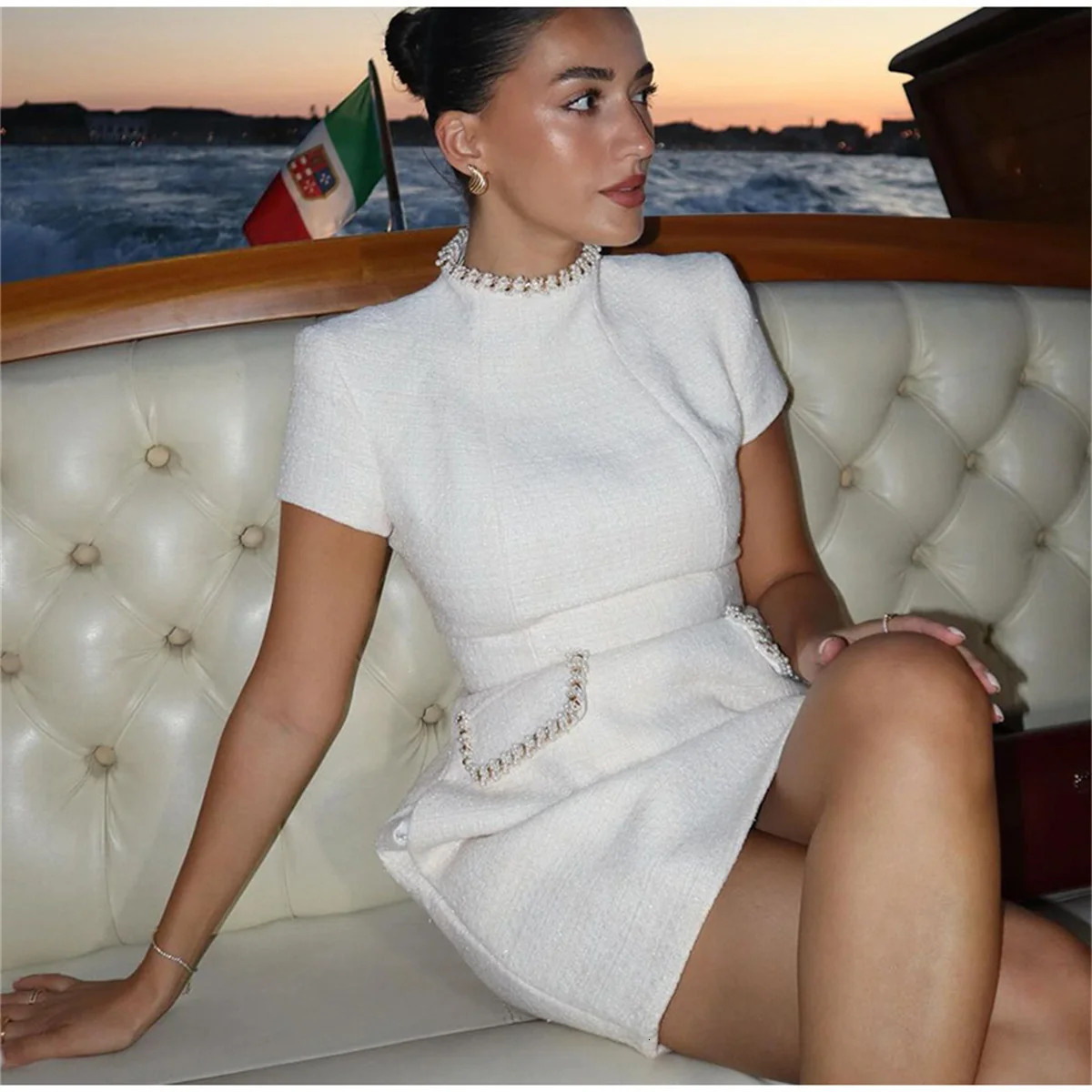 Elegant lace A-line Vestidos womens solid slim shoulder pad short sleeved party dress O-neck patch work evening dress 241125
