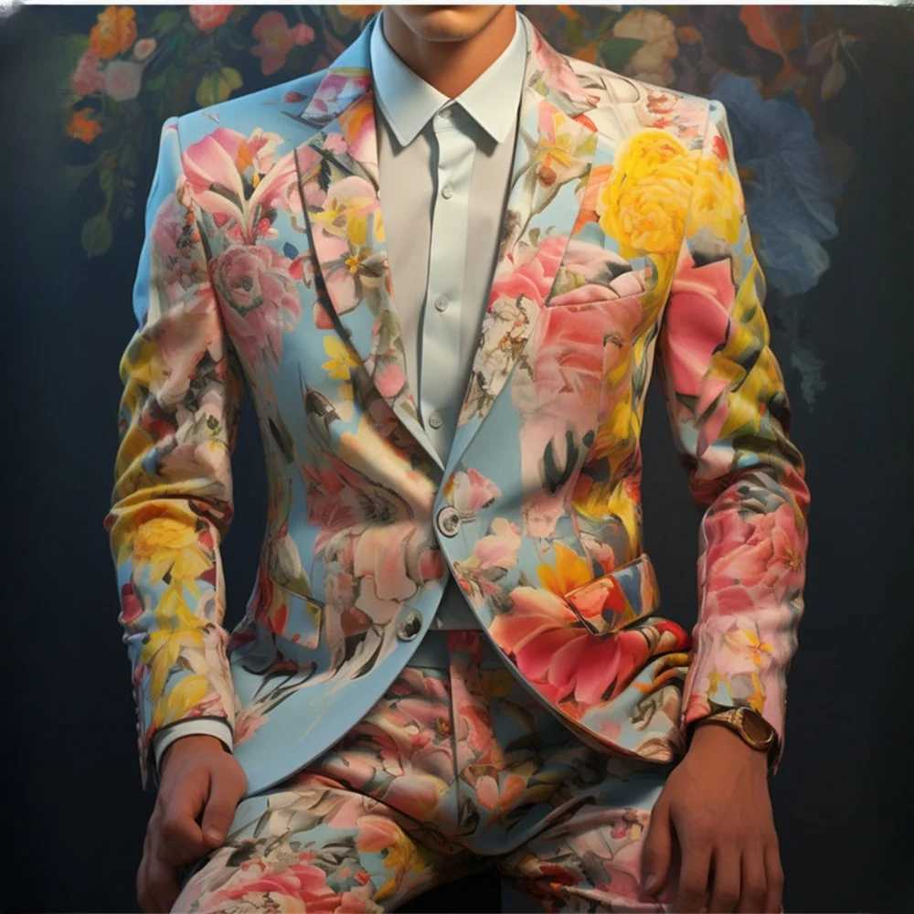 Checkered mens 2-piece set floral print wedding party best mens tailcoat jacket set button plus size X241126