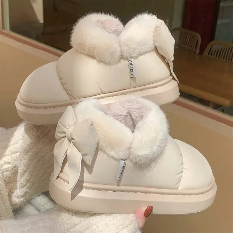 Butterfly-knot Korean Plush Ankle Boots Round Toe Casual Snow Boots Waterproof Cotton Shoes Outdoor Thick Sole Winter Boot Women 241114