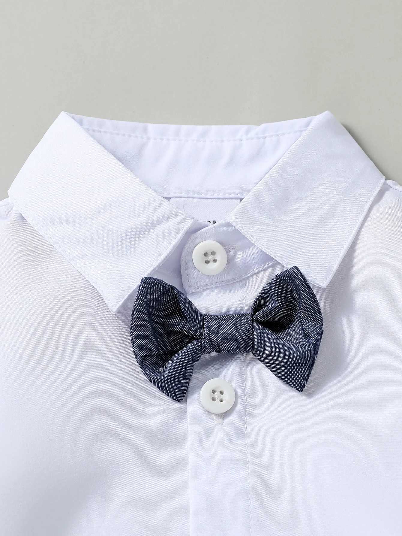 Clothing Sets Baby Set Boys Spring/Fall White Romper Turn-down Collar With Bow+ Suspender Overralls For Newborn-18M Outfits H241126