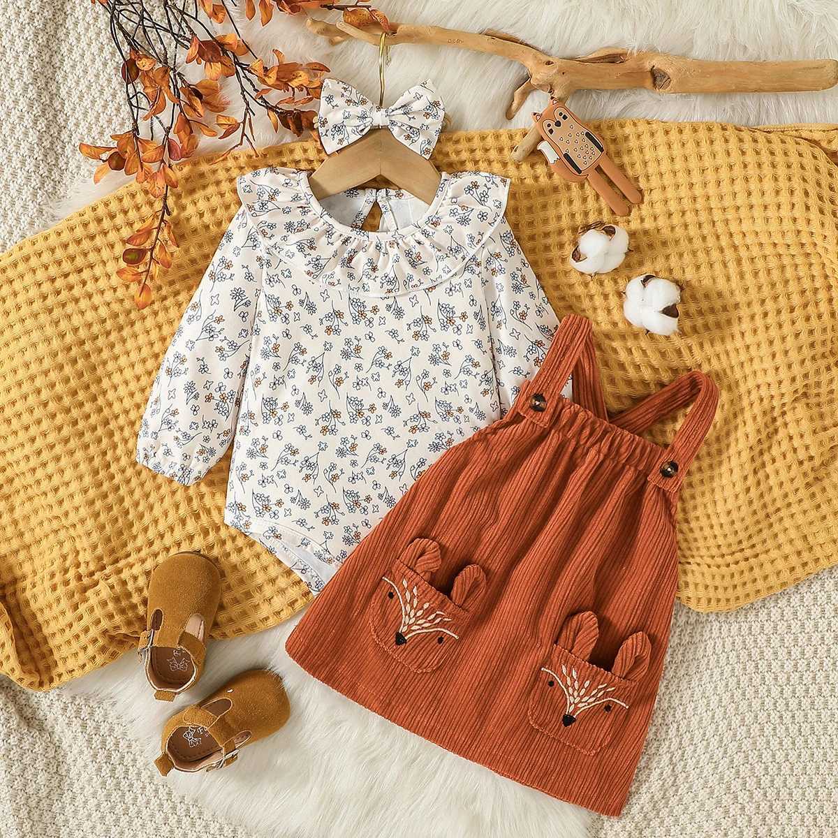 Clothing Sets Infant Baby Girls Skirt Set Autumn Long Sleeve Floral Printed Two-piece +Bow hair accessories H241126