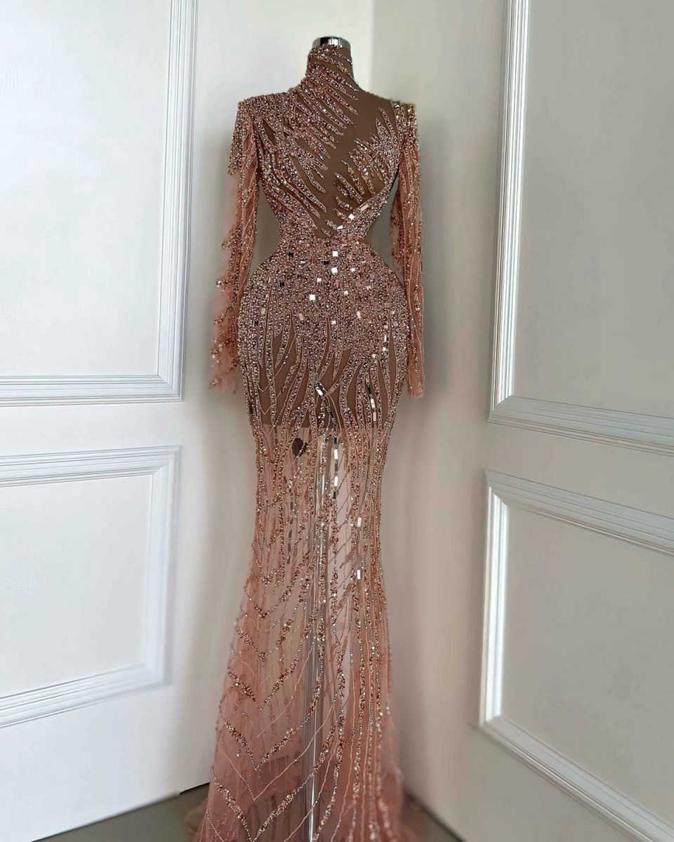 Mermaid Evening Dresses For Women Sequins See Through Gown High Collar Long Sleeves Customized Dress Party Prom