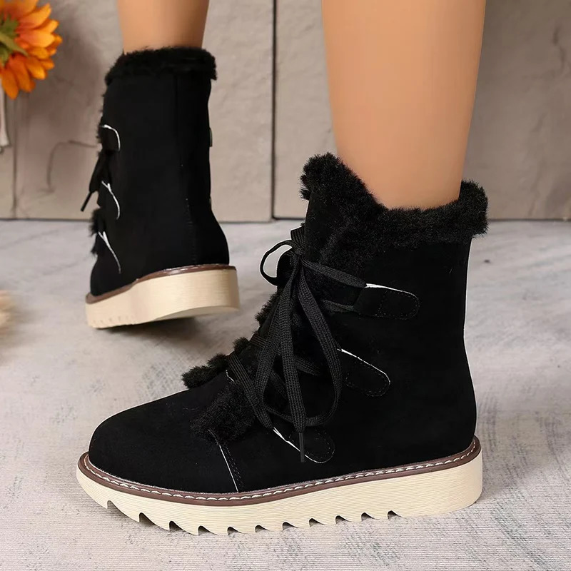 Winter Thicken Plush Ankle Boots Women Lace-Up Non-Slip Keep Warm Snow Boots Woman Faux Fur Flat Heel Warm Cotton-Padded Shoes 241114