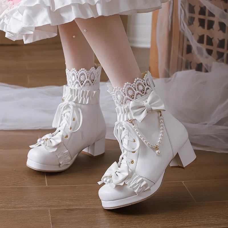 Autumn Winter Womens Ankle Boots Plus Size 22-28CM PU Upper Modern Boots Lace Pearl Chain Bow Lolita Thick Foot Boots 241126