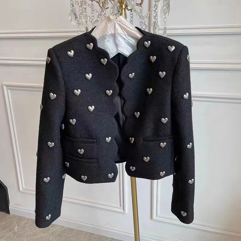 Black love coarse woolen jacket womens bead 3D fashion chic long sleeved wool autumn and winter jacket retro Korean elegant cardigan set 241125