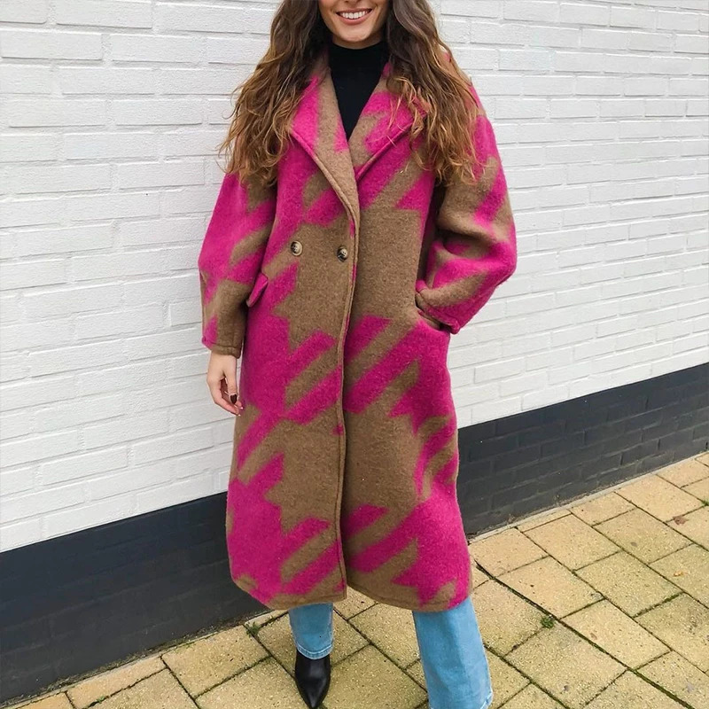 Womens long double-sided printed coarse woolen coat autumn elegant lapel lace fashionable open collar jacket long sleeved loose jacket 241125