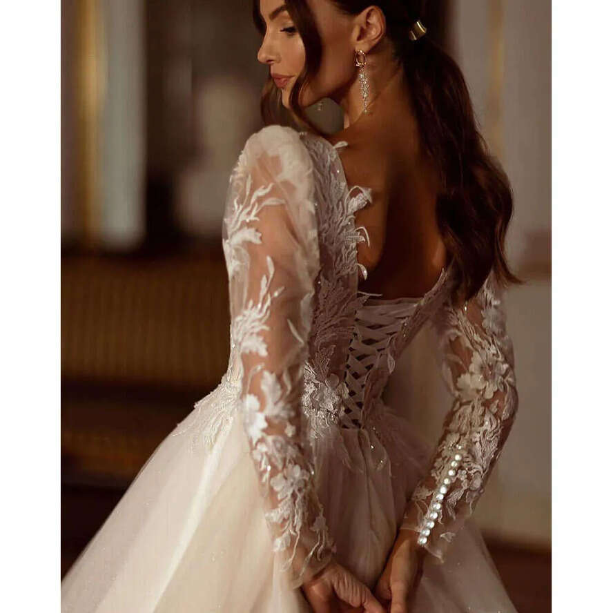 Glitter Champagne Wedding Dresses Long Sleeve Appliques Lace Modern Bridal Dress Tulle Bride Gown Vestidos De Novia