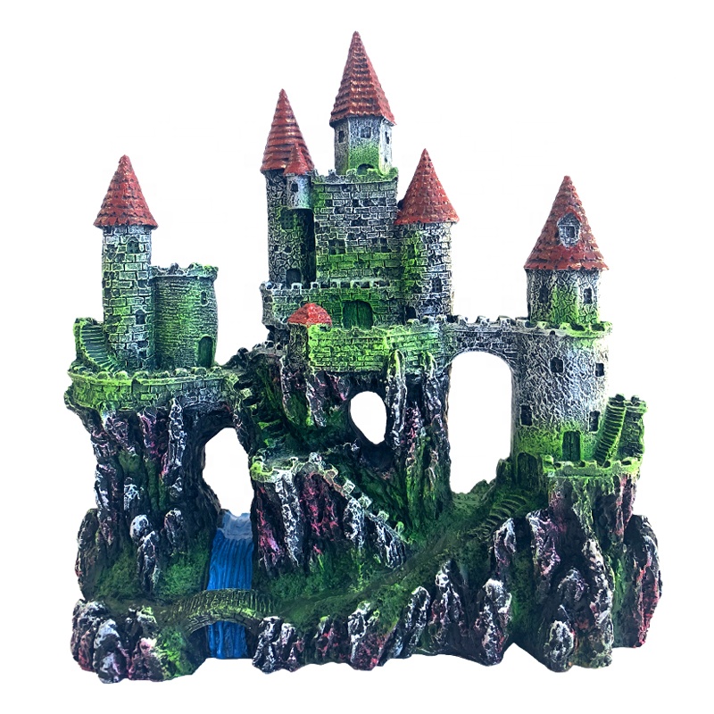 Realistic design aquarium resin purple waterfall castle ornament decoration for fish tank