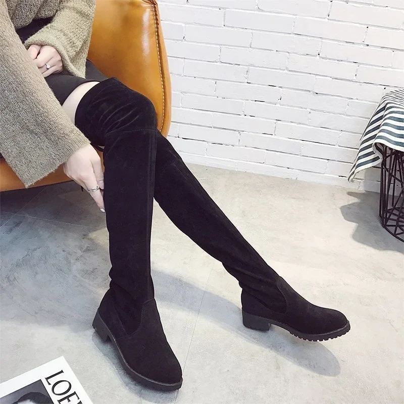 Autumn Faux Suede Women Heels Zipper Elastic Knee High Boots Women Tube Lace-up Thigh Gigh Boots Black Botas Mujer Female 241114