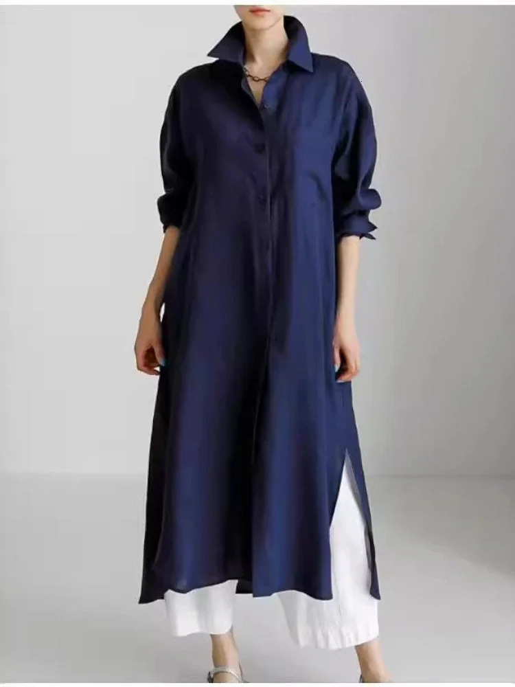Summer Fashion Womens Cotton Linen Dress Shirt Elegant Loose Irregular Cardigan Single Breasted Long Sleeved 241112