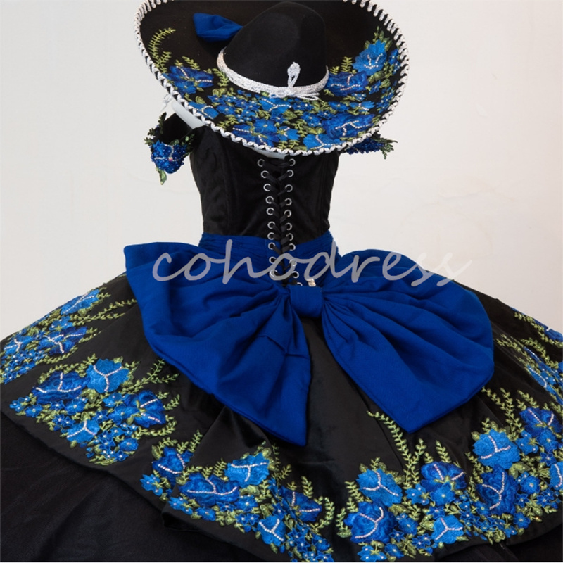 Black And Blue Mexican Quinceanera Dresses Charro Off Shoulder Appliques Vestido De 15 Anos Corset Bow Birthday Party Gown Elegant Sweet 16 Dress 2025