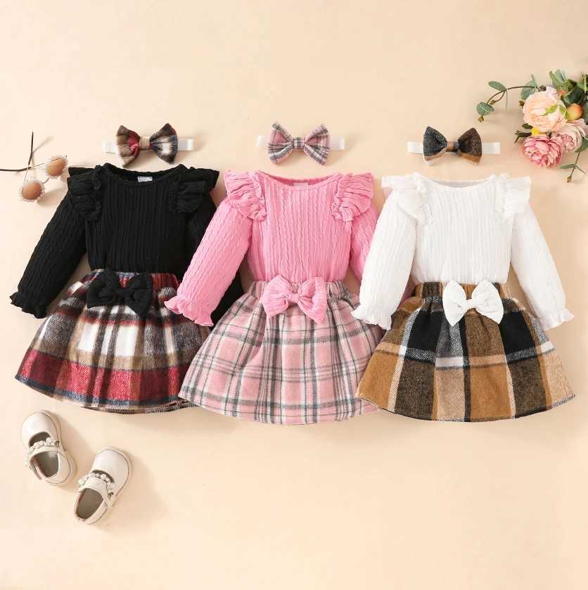 Clothing Sets Fashion Baby Girls Fall Winter Outfit Long Sleeve Ribbed Romper Plaid Print Skirt Headband 3 Piece Warm Babys Clothes Set H241126