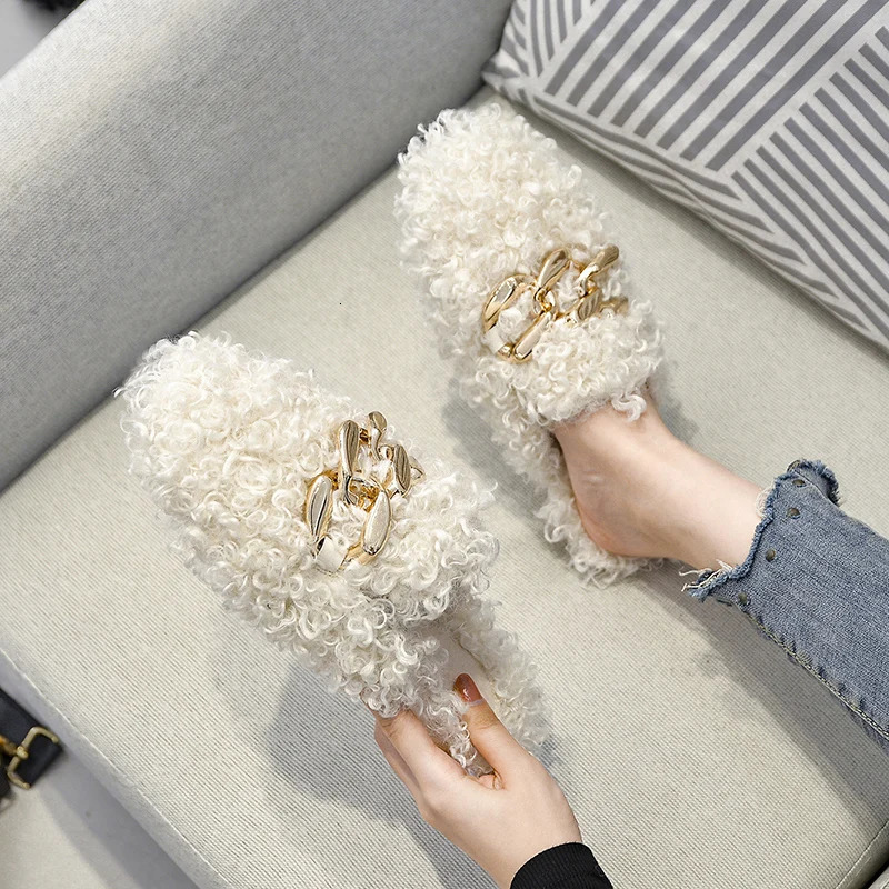 womens winter plush slippers fashion chain flat shoes Outdoor and Office and Home Large size 41-43 free delivery 41-43 241126