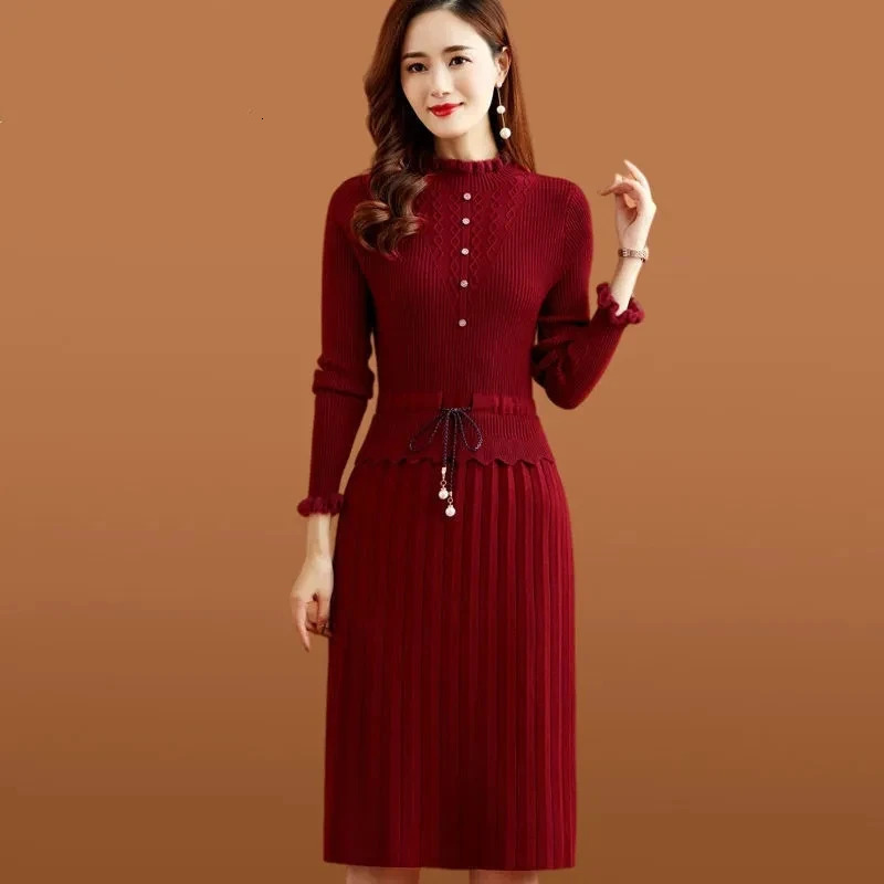 Wrinkled Knitted Dress Bottom Sweater Two Piece Womens Retro Elegant Long Sleeve Autumn Casual Slim Fit Midi Vestidos 241125