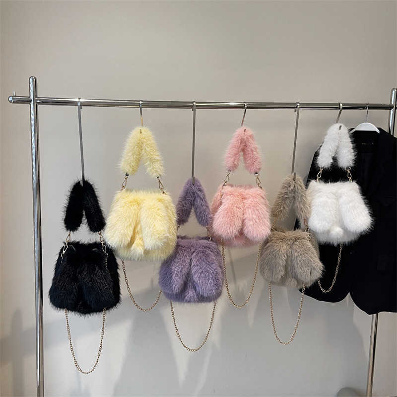New Cute Cartoon Linglong Rabbit Ears Imitation Fox Hair Autumn/Winter Plush Bag for Women, Handbag, Crossbody Bag 241126
