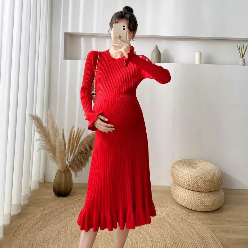 Autumn and Winter Knitted Pregnant Sweater Fashionable and Elegant A-line Ultra Thin Dress for Pregnant Women with Beads and Ruffles 241126