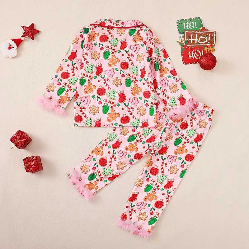 Clothing Sets Kids Girls Adorable Christmas Pajama Set Feathers Trim Loungwear Printed Long Sleeve Lapel Neck Tops and Long Pants 2PCS Outfits H241126