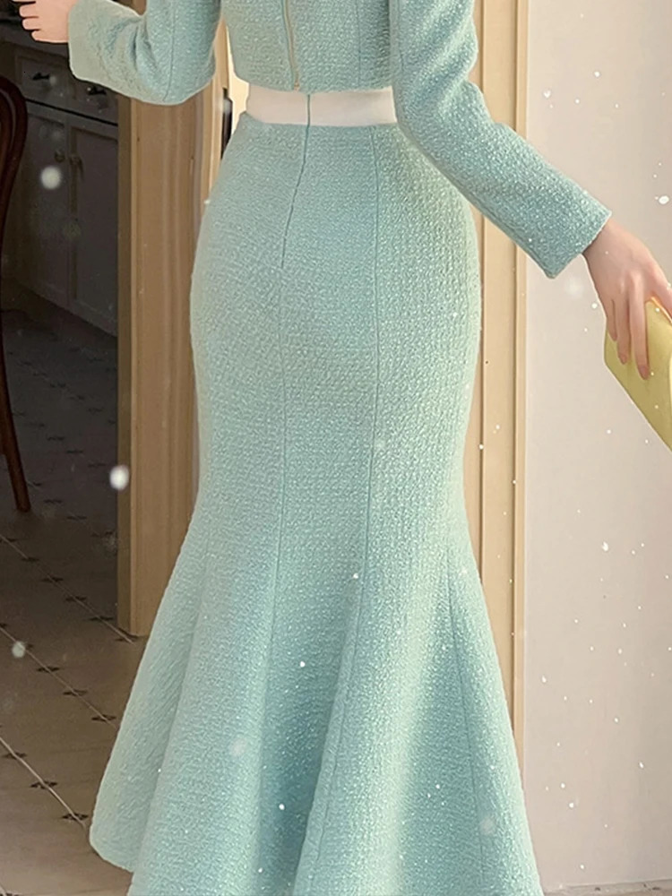 Elegant and fashionable long womens sweet green coarse tweed diamond fishtail skirt womens work style clothing party business clothing womens clothing