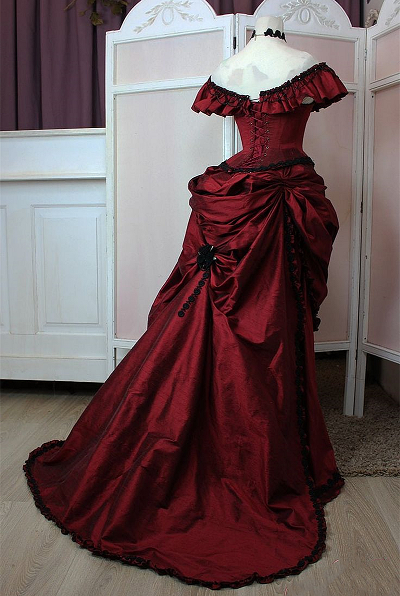Ruched Victorian Bustle Prom Dresses Dark Red Off Shoulder Vintage Princess Evening Gown For Women 2024 Corset Halloween Masquerade Special Occasion W