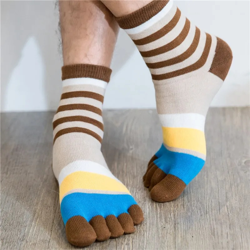 5 pairs of mens five finger shoes and socks autumn and winter striped cotton tube warm and comfortable finger shoes 241126