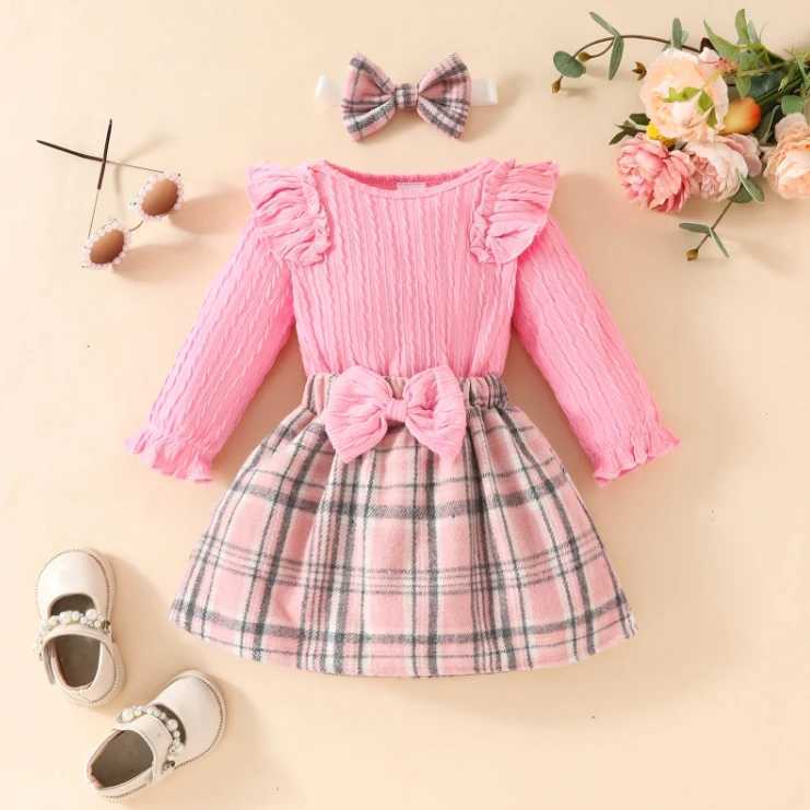 Clothing Sets Fashion Baby Girls Fall Winter Outfit Long Sleeve Ribbed Romper Plaid Print Skirt Headband 3 Piece Warm Babys Clothes Set H241126