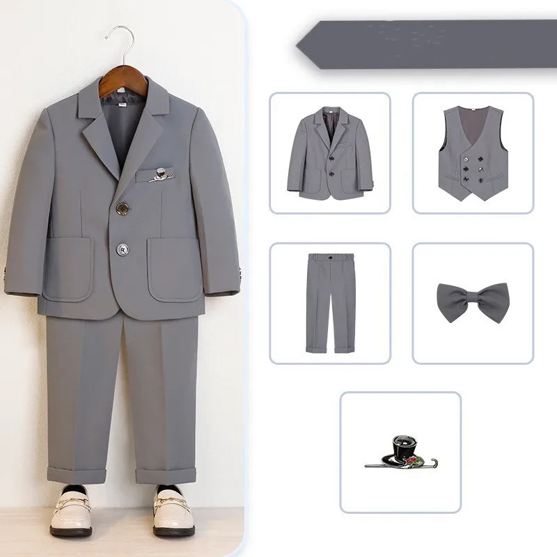Baby Boys Suits for Weddings Kids Party School Uniforms Clothing Coat Vest Pants Bow Tie Brooch 5Pcs Fashion show costumes 241126